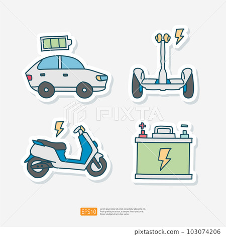 Electrical Car and Vehicle, Eco Battery Accumulator Energy Refueling, Electrical Motorcycle and Scooter. Doodle Sticker Icon Set Ecological Transport vector illustration Electrical Car and Vehicle, Eco Battery Accumulator Energy Refueling, Electrical Motorcycle and Scooter. Doodle Sticker Icon Set Ecological Transport vector illustration 103074206
