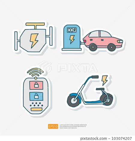 Electric Vehicle Engine, Electric Car Charging Station, Motorcycle Doodle Sticker Icon Set. Ecological Transport vector illustration Electric Vehicle Engine, Electric Car Charging Station, Motorcycle Doodle Sticker Icon Set. Ecological Transport vector illustration 103074207