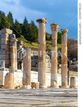 Columns of ancient State Agora and ruins of Odeon in Ephesus, Turkey 103074614