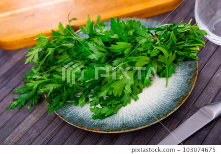 Parsley sprigs on wooden table Parsley sprigs on wooden table 103074675