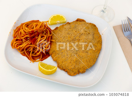 Popular dish of Italian cuisine is chicken Milanese with spaghetti Popular dish of Italian cuisine is chicken Milanese with spaghetti 103074818