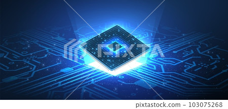 Computer chip. Microprocessor in digital hand on circuit board. Computer chip. Microprocessor in digital hand on circuit board. 103075268