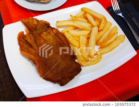 Appetizing breaded beef served with fried potato Appetizing breaded beef served with fried potato 103075372