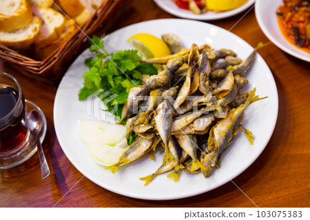 Fried fish red mullet Fried fish red mullet 103075383