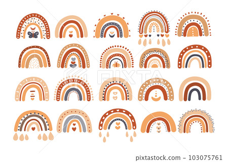 Cute boho rainbows clipart collection for nursery decoration. Perfect for baby shower, birthday, childrens party. Bohemian elements Cute boho rainbows clipart collection for nursery decoration. Perfect for baby shower, birthday, childrens party. Bohemian elements 103075761