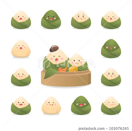 一組亞洲傳統節日端午節的粽子集,糯米食物與竹葉包裹,俏皮可愛的吉祥物,表情的特寫 103076265