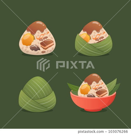 一組亞洲傳統節日端午節的粽子集,糯米食物與竹葉包裹,美味的餡料與醬汁 一組亞洲傳統節日端午節的粽子集,糯米食物與竹葉包裹,美味的餡料與醬汁 103076266