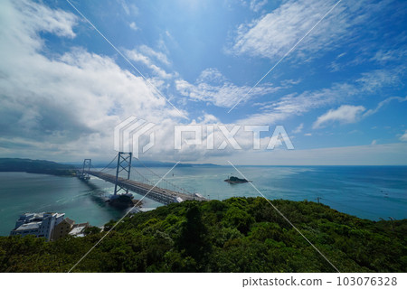 View of Onaruto Bridge and Naruto Strait from Narutoyama Observatory on a summer day View of Onaruto Bridge and Naruto Strait from Narutoyama Observatory on a summer day 103076328
