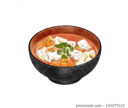 味噌湯配豆腐、炸豆腐和蔥,放在黑碗裡 味噌湯配豆腐、炸豆腐和蔥,放在黑碗裡 103077222