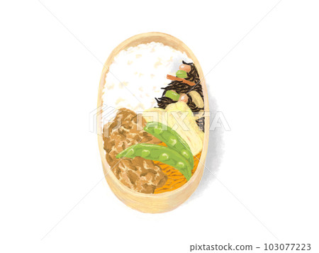 Bento box of fried chicken and tamagoyaki stuffed in Magewappa 103077223