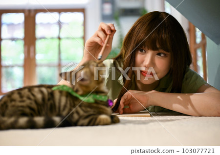 A woman resting and playing with her cute tabby cat at her worktable in her living room. 103077721