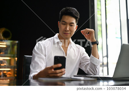 A businessman using his smartphone in a coffee shop. 103078034