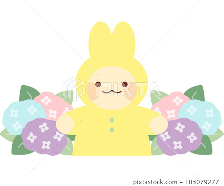 穿黃色雨衣的兔子的半身像和繡球花 103079277