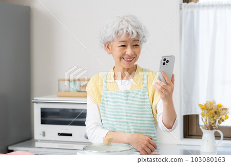 Senior woman cooking in kitchen Senior woman cooking in kitchen 103080163