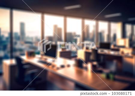 Blurred Office Workspace with Cityscape for Business Presentations. created with Generative AI 103080171
