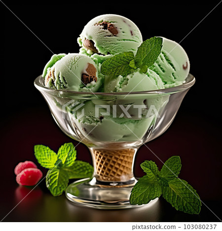 Irresistible Mint Chocolate Chip Ice Cream Scoops in a Glass Container. created with Generative AI 103080237