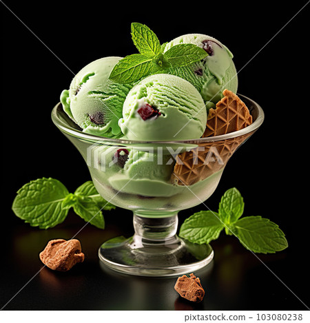 Irresistible Mint Chocolate Chip Ice Cream Scoops in a Glass Container. created with Generative AI 103080238