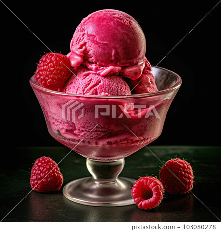 Scrumptious Raspberry Ice Cream Scoops in a Glass Container. created with Generative AI Scrumptious Raspberry Ice Cream Scoops in a Glass Container. created with Generative AI 103080278