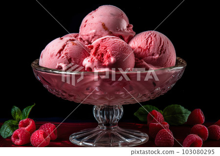 Scrumptious Raspberry Ice Cream Scoops in a Glass Container. created with Generative AI 103080295