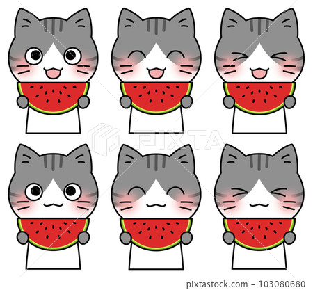 Illustration 6 facial expression set of a mackerel cat holding a watermelon with a smile 103080680