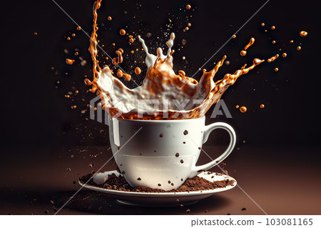 Aromatic Splashes in a Cappuccino Cup. created with Generative AI 103081165