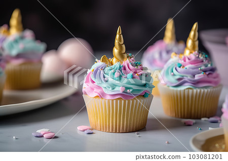Enchanting Unicorn Cupcakes for a Magical Birthday Party. created with Generative AI 103081201