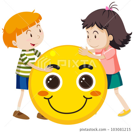Two happy kids hugging big smile emoji 103081215