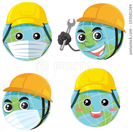 Cartoon earth globes wearing hard hat Cartoon earth globes wearing hard hat 103081264