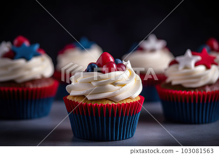Patriotic Delights: Red, White, and Blue Cupcakes for 4th July Celebration. created with Generative AI 103081563