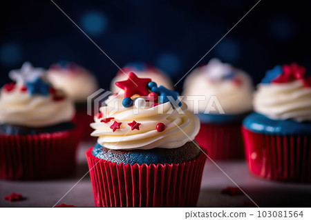 Patriotic Delights: Red, White, and Blue Cupcakes for 4th July Celebration. created with Generative AI 103081564