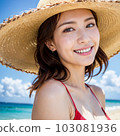 AI-generated beauty, a beautiful woman wearing a wide-brimmed straw hat on the beach and looking at the camera 103081936