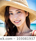 AI-generated beauty, a beautiful woman wearing a wide-brimmed straw hat on the beach and looking at the camera 103081937