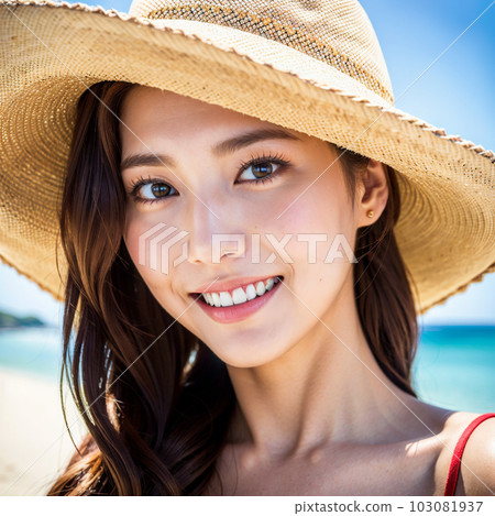 AI生成美女，沙灘上戴著寬邊草帽的美女看著鏡頭 103081937