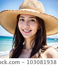AI-generated beauty, a beautiful woman wearing a wide-brimmed straw hat on the beach and looking at the camera 103081938