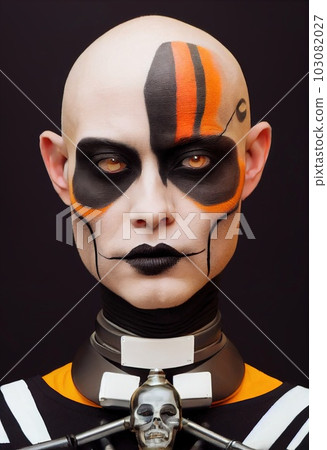 A fictional person, not based on a real person. Portrait of a futuristic robot. An artistic abstract cyberpunk fantasy. Concept of a modern robot. 3d rendering 103082027