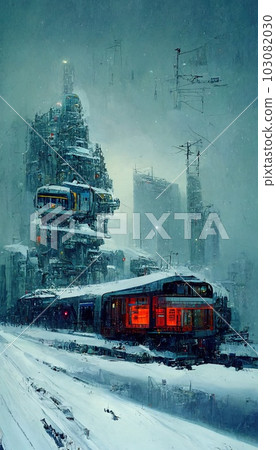 An old abandoned train car has been converted into a residential building. A wagon in the middle of the snow. Apocalyptic picture of a snowy landscape. An old abandoned train car has been converted into a residential building. A wagon in the middle of the snow. Apocalyptic picture of a snowy landscape. 103082030