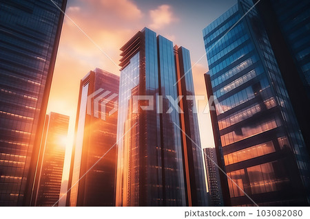 Twilight Reflections Business Office Buildings in the Evening Glow, created with Generative AI 103082080