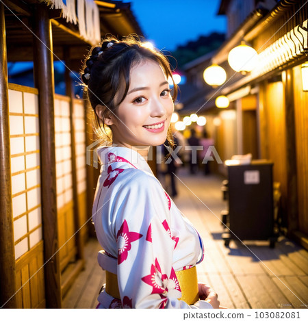人工智能生成的美女，穿著浴衣走在旅館小鎮 103082081