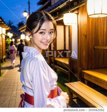 人工智能生成的美女，穿著浴衣走在旅館小鎮 103082082