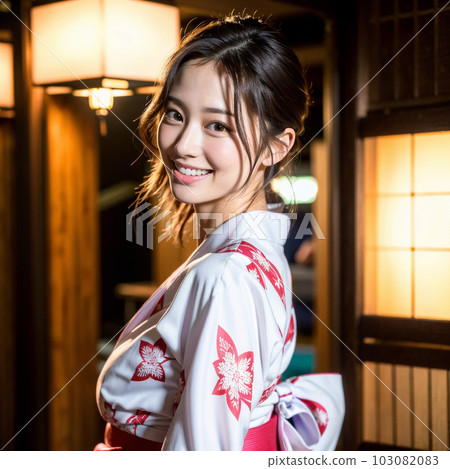 人工智能生成的美女,穿著浴衣走在旅館小鎮 人工智能生成的美女,穿著浴衣走在旅館小鎮 103082083