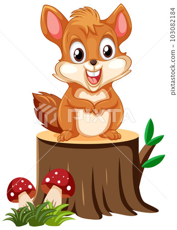 Cute squirrel cartoon character standing on tree stump 103082184