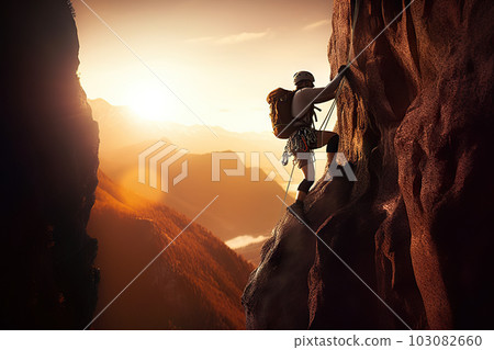 Determined Man Climbing the Mountain's Peak Against the Setting Sun, created with Generative AI 103082660