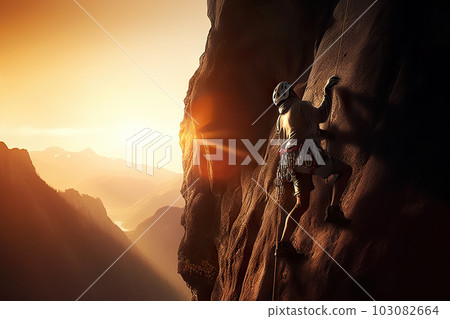 Determined Man Climbing the Mountain's Peak Against the Setting Sun, created with Generative AI Determined Man Climbing the Mountain's Peak Against the Setting Sun, created with Generative AI 103082664
