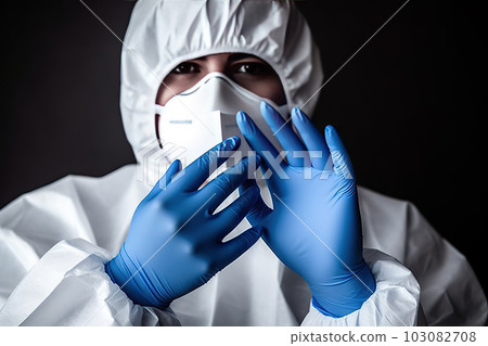 Safety First: Dedicated Doctor/Nurse Donning Protective Gloves in White Medical PPE Suit, created with Generative AI Safety First: Dedicated Doctor/Nurse Donning Protective Gloves in White Medical PPE Suit, created with Generative AI 103082708