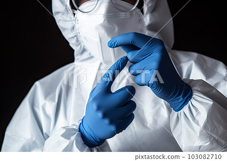 Safety First: Dedicated Doctor/Nurse Donning Protective Gloves in White Medical PPE Suit, created with Generative AI Safety First: Dedicated Doctor/Nurse Donning Protective Gloves in White Medical PPE Suit, created with Generative AI 103082710