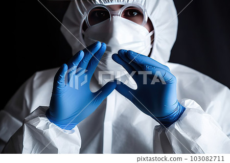 Safety First: Dedicated Doctor/Nurse Donning Protective Gloves in White Medical PPE Suit, created with Generative AI Safety First: Dedicated Doctor/Nurse Donning Protective Gloves in White Medical PPE Suit, created with Generative AI 103082711