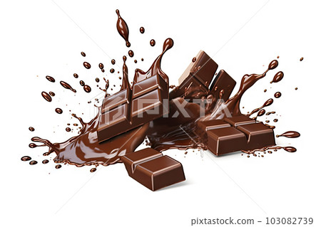 Decadent Chocolate Pieces Falling on Chocolate Sauce with Clipping Path on White Background, created with Generative AI 103082739