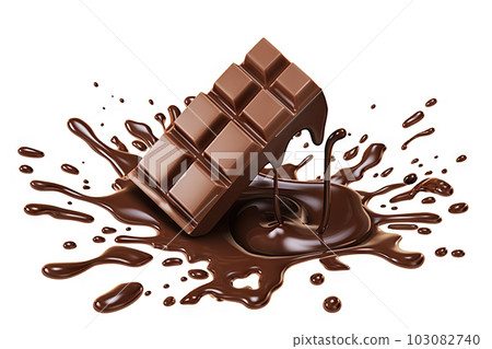 Decadent Chocolate Pieces Falling on Chocolate Sauce with Clipping Path on White Background, created with Generative AI 103082740