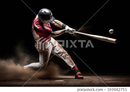 Powerful Swing: A Baseball Player Showcasing Precision and Strength on a Dark Canvas, created with Generative AI Powerful Swing: A Baseball Player Showcasing Precision and Strength on a Dark Canvas, created with Generative AI 103082751