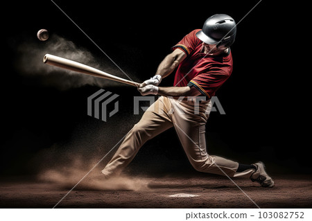 Powerful Swing: A Baseball Player Showcasing Precision and Strength on a Dark Canvas, created with Generative AI 103082752